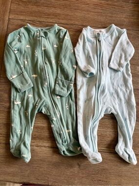 Two-Pack Baby Footed One-Piece Sleepers in Sage Green and Light Blue 0-3